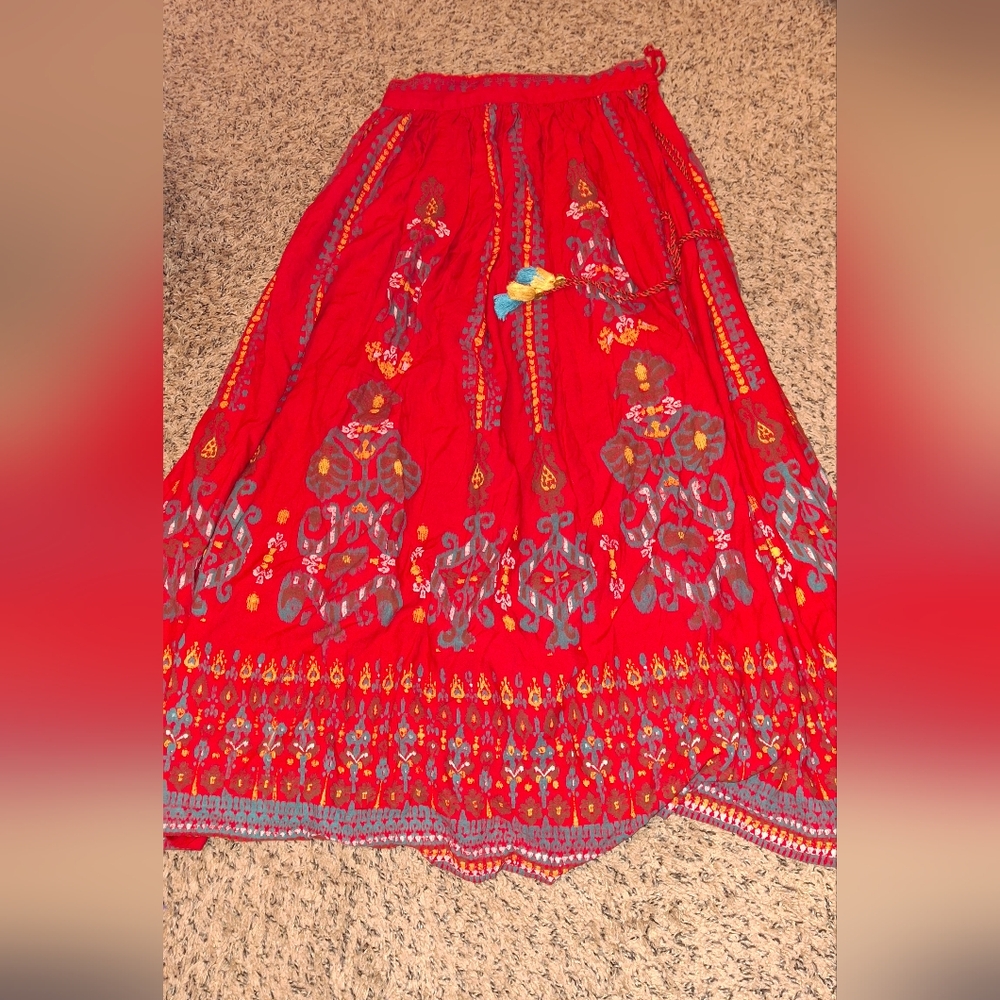 Max Studio Red Maxi Skirt with Multicolor Patterns
